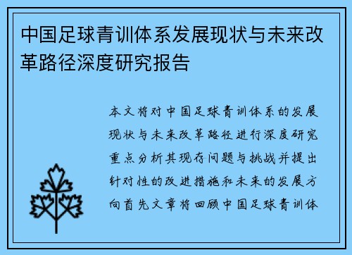 中国足球青训体系发展现状与未来改革路径深度研究报告